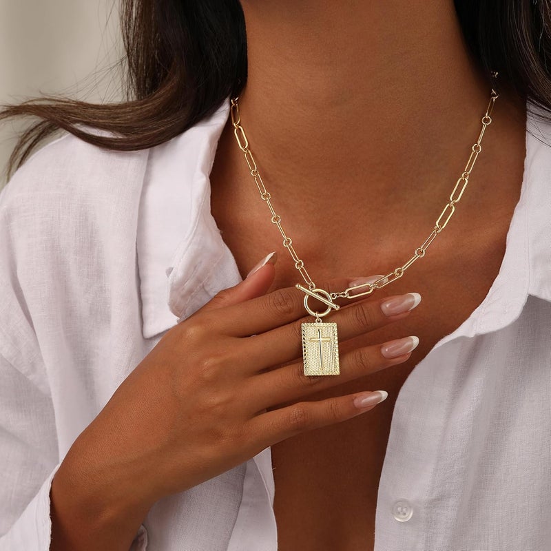 Moodear Cross Necklace for Women Trendy Chunky 14K Gold Plated/Silver Plated Cross Pendant Necklace Toggle Clasp Paperclip Chain Dainty Charm Necklace Fashion Religious Simple Jewelry Christian Gifts for Women - Image 2